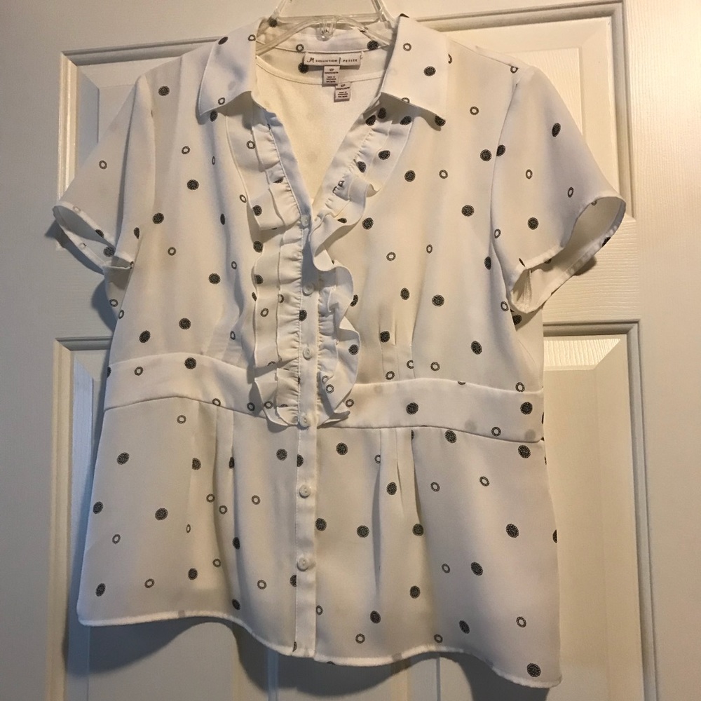 White blouse with fun black random polka dots